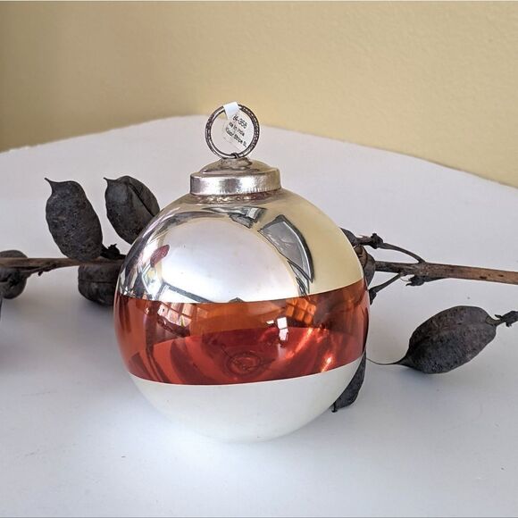 Crate&Barrel Orange And Silver Round Glass Christmas Ornament - Picture 1 of 7